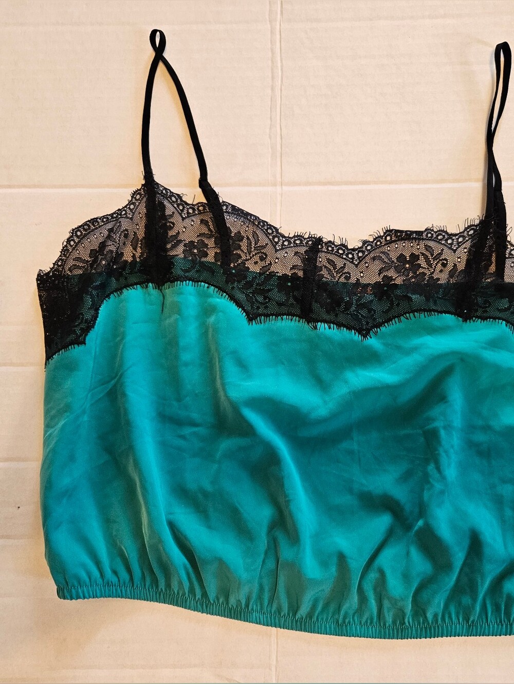 Free People Teal Satin Lace Crop Cami Tank Top Black Lace M